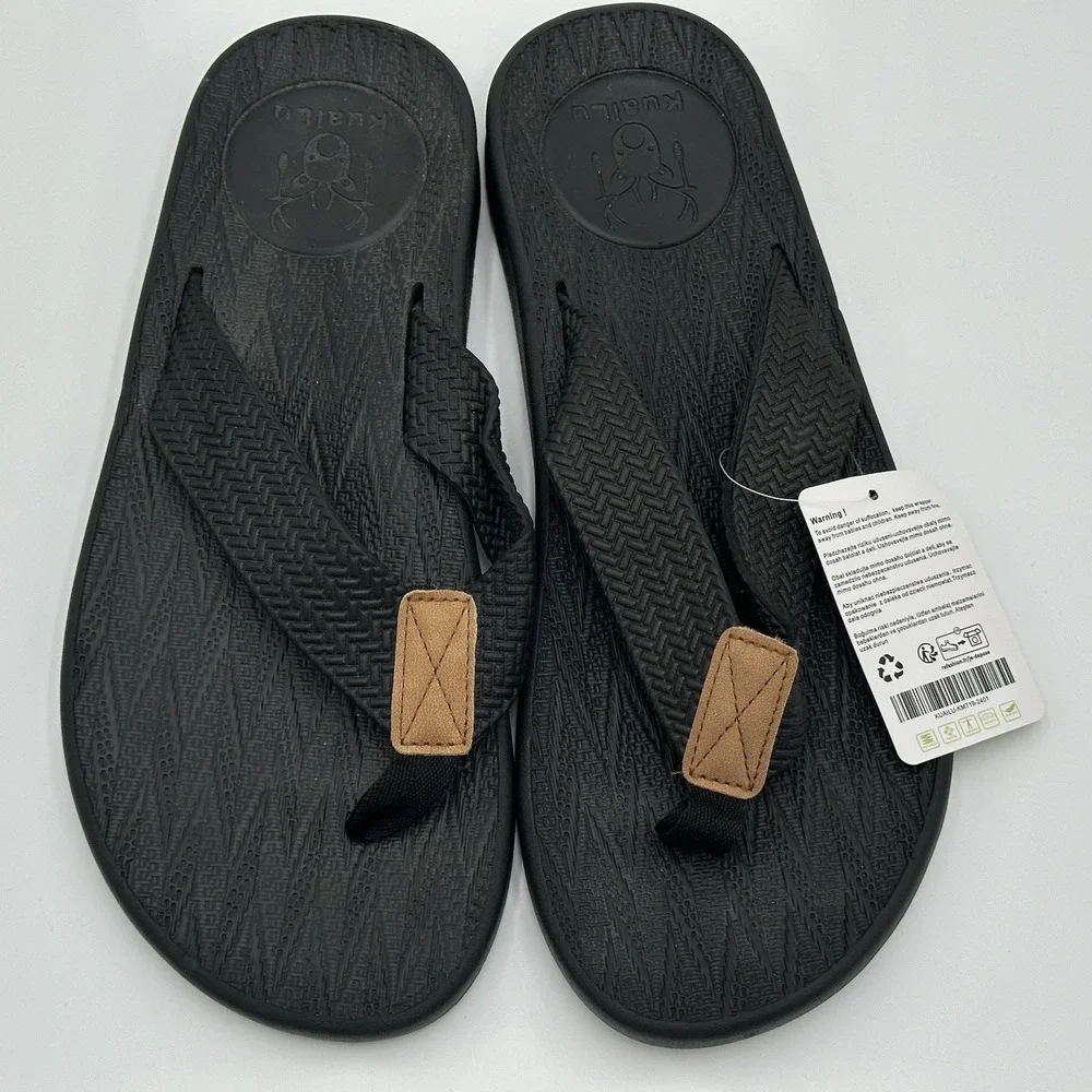 KuaiLu Yoga Mat Leather Flip Flops Thong Sandals with Arch Support Men's 9 Black